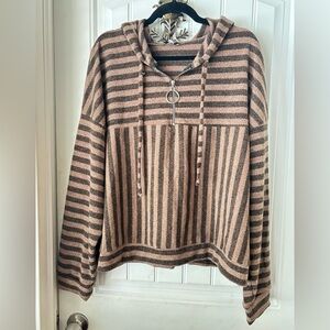 White Birch Cozy Striped Knit Hoodie with Quarter Zip & Drawstring